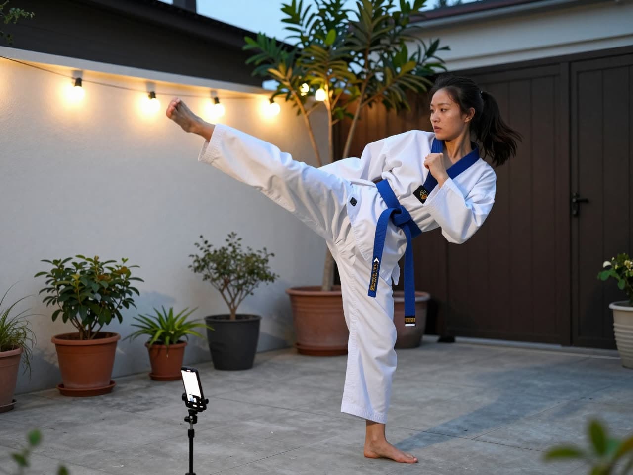 A student in a blue belt practises a kick at home in the evening, with a phone filming her