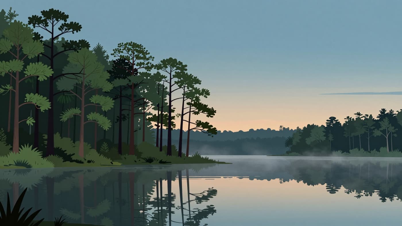 Illustration of a still lake at first light, lined with tall pines, with mist on the water.