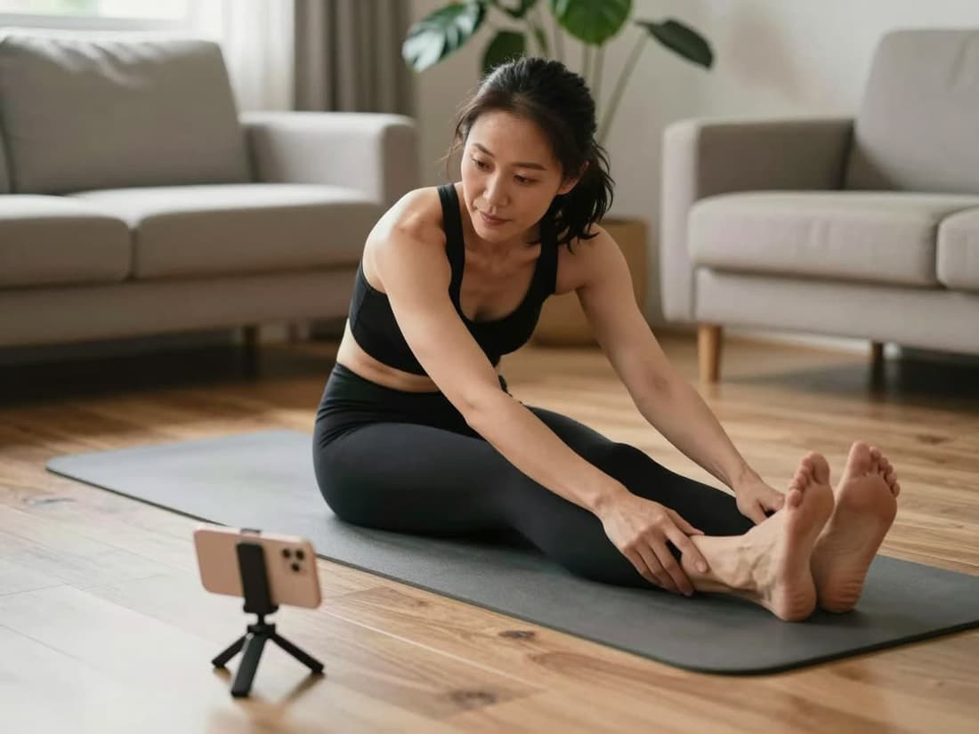 An adult in a seated hamstring stretch at home
